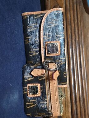 Dooney & Bourke Black Coated Canvas Wallet with Tan Trim